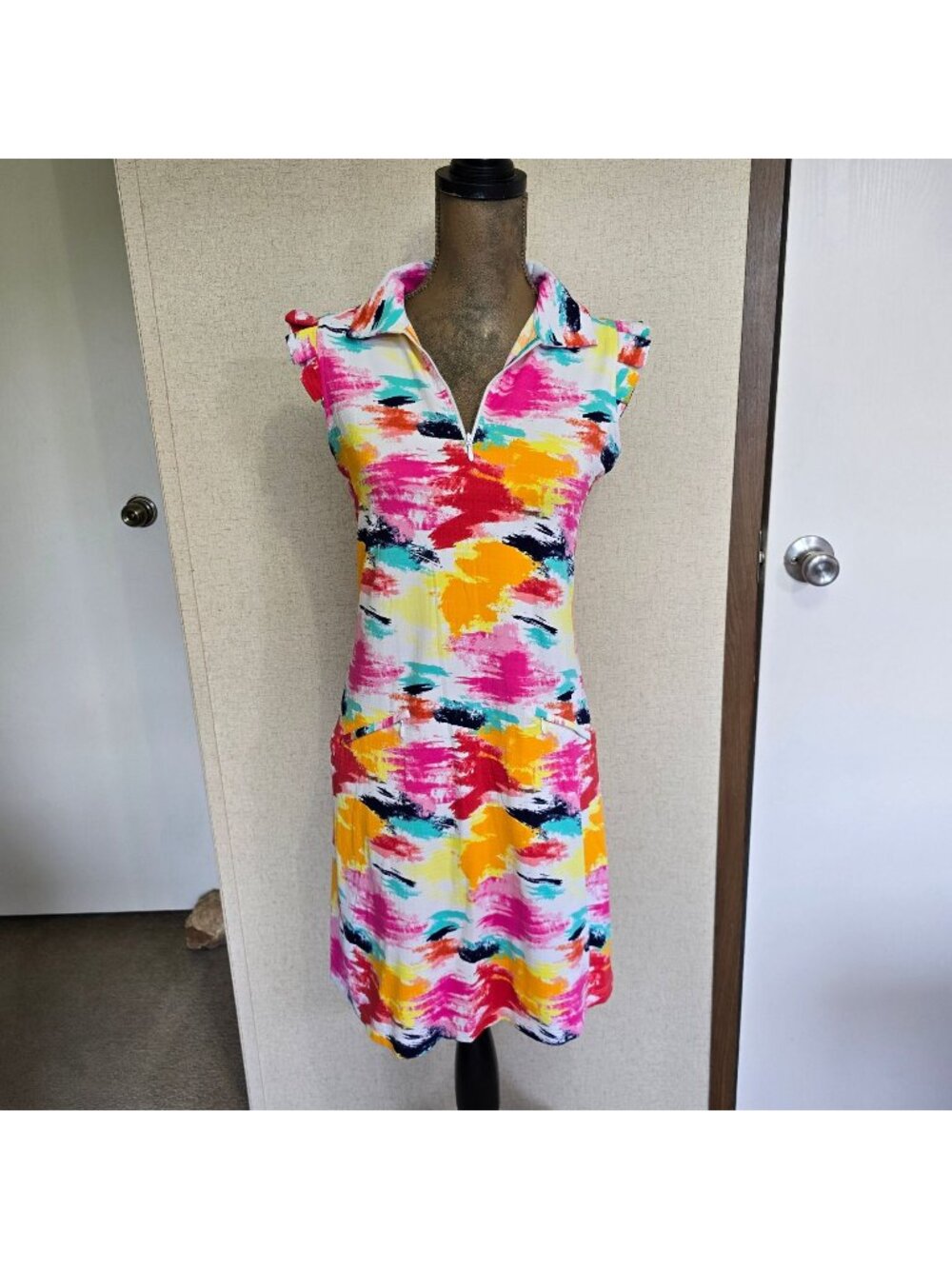 IBKUL Small Short Sleeve Collared Dress Pickleball Abstract UPF 50+ Quick Dry